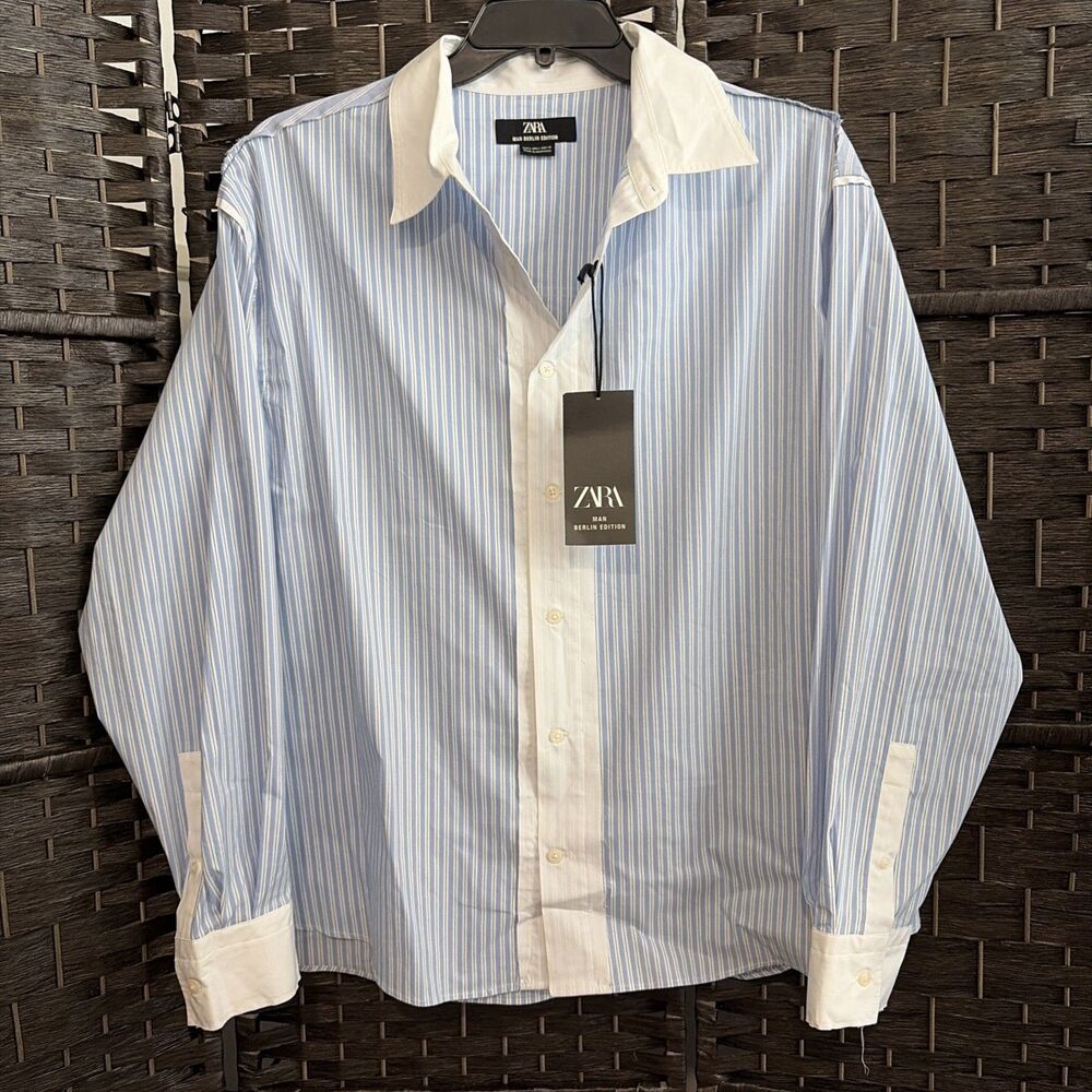 Zara Men Berlin Edition Striped Collared Long Sleeve ButtonDown Shirt Size Large